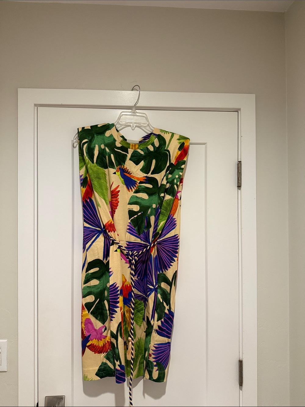 FARM Rio Tropical Parrot Print Sleeveless Dress- Beige, Green & Purple
